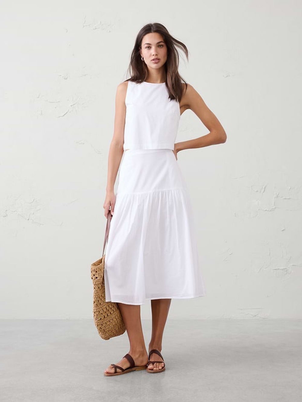 NWT Banana Republic White Tiered Midi Skirt Linen